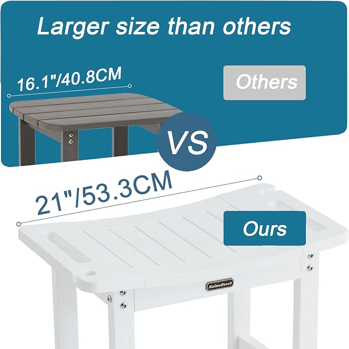 KaimuBench HDPS Curved Shower Bench Waterproof Bath Stool with Storage | Poly Shower Stool for Shaving Legs, Handles & Shower Head Holder, Adjustable Feet for Inside Shower, Non-Slip, Anti-Rotting