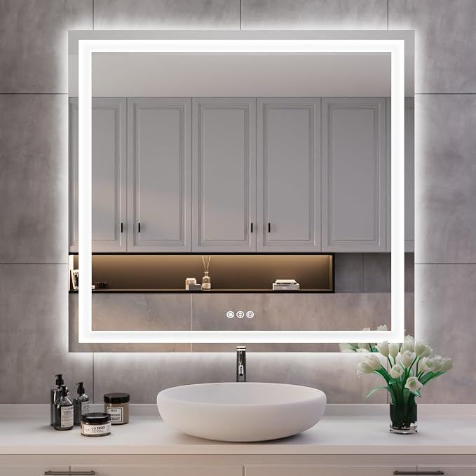 ISKM 40x38 LED Mirror for Bathroom, Front and Back Lit, Anti-Fog, Dimmable | Memory Function,ETL,3 Color Temps 3000K-6000K,IP65 Waterproof ,Tempered Glass, Plug in or Hardwired, for Makeup & Shaving