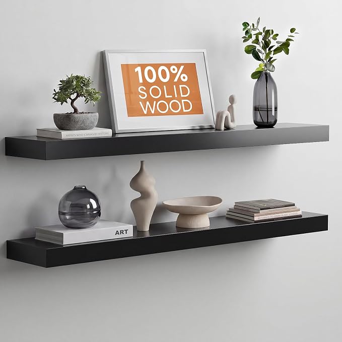 Black Floating Shelves 36 inches Long, High End Solid Real Wood 36 inch Floating Shelf for Wall Mounted, Black Wooden 36in Floating Shelves, Heavy Duty Bracket, 36 X 6.5 X 1.75 in, Set of 2
