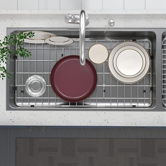 SANNO Sink Protectors and Bottom Grid for Kitchen,Sink Grate Rack Side Drain Hole,Stainless Steel, 28-1/4"L x 14-1/4"W
