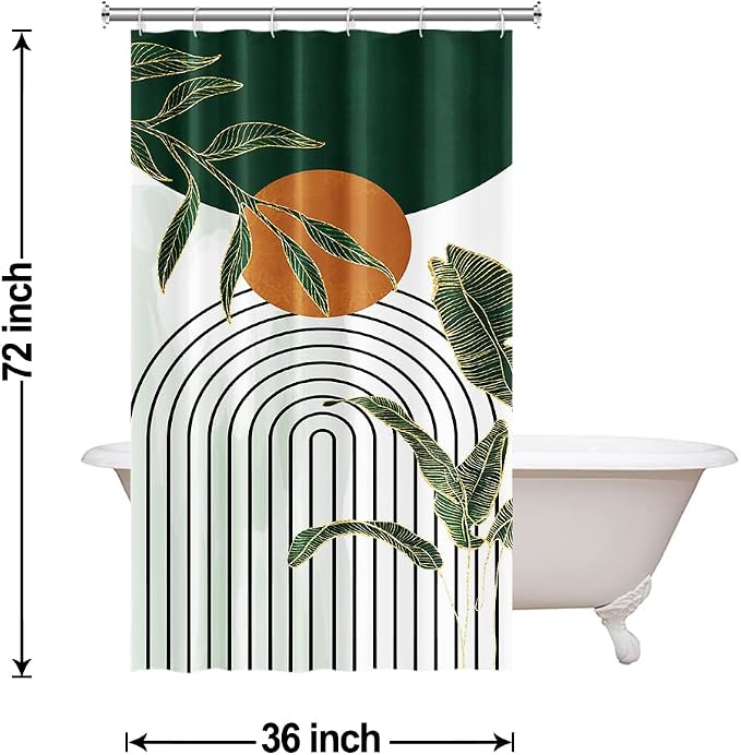 Abstract Boho Green Stall Shower Curtain with Hooks 36x72 Inch | Waterproof Small Emerald-green Leaves Bathroom Curtain for Shower Stall, Machine Washable