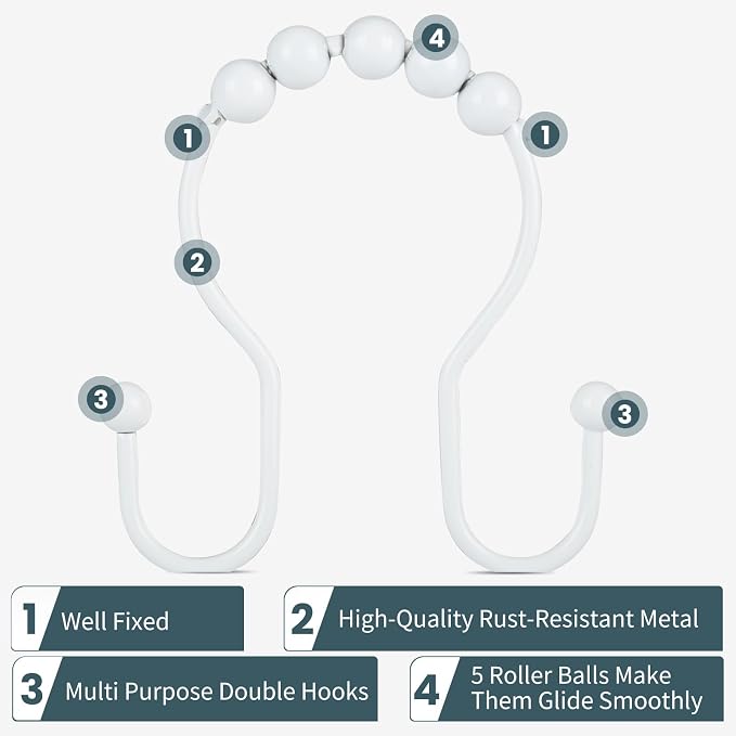 Shower Curtain Hooks, OEH Shower Curtain Rings, White Shower Curtain Hooks Rust Proof, Smooth Gliding Metal Shower Curtain Rings Rust Proof, Double Shower Rings for Curtain, 12 Pcs, White