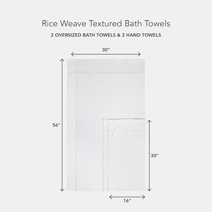 Texere 100% Organic Cotton Rice Weave Jacquard 700 GSM Luxury Bath Towel Sets - Ultra Soft and Absorbent Hotel and Spa Quality (Rice Weave, Bright White, 2 Bath & 2 Hand Towels)