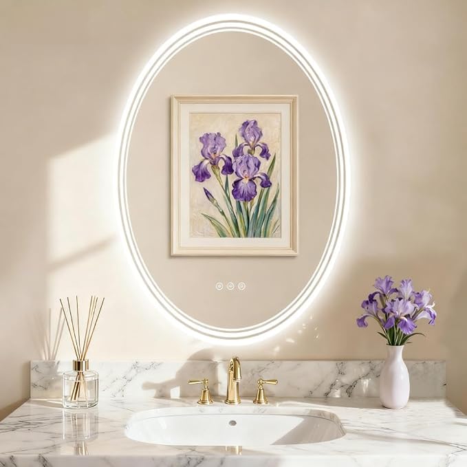 24''x36'' Oval Lighted Mirrors for Bathroom Wall Backlit + Front Lit, Oval LED Bathroom Mirror Frameless with Lights Anti Fog, Dimmable, 3 Colors,Tempered Glass, Shatter-Proof