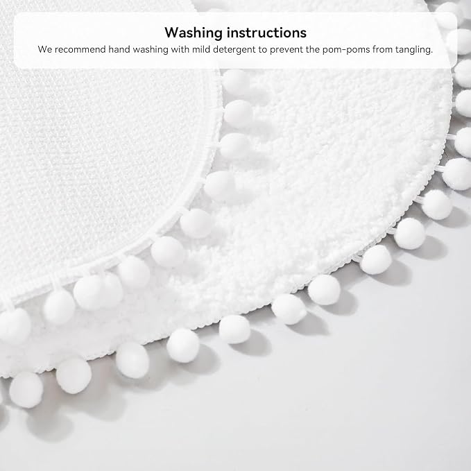 YIRDDEO Oval Rug for Bathroom, Cute Boho Bath Mat with Pom, White | Soft Plush, Absorbent, Quick Dry, Machine Washable, Non Slip Bath Mat for Bathroom Shower Floor Home Decor