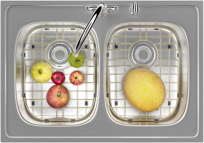 Universal Stainless Steel Sink Protector, Double Sink Bottom Grid Sink Rack with Rear Drain Hole for Kitchen Sink, 16 x13 Inches (Gold)
