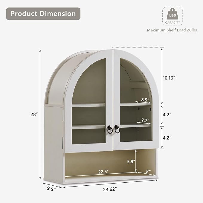 IFGET Bathroom Arched Wall Cabinet, 23.6'' Wide Medicine Cabinet with Adjustable Shelves & Glass Doors, Over The Toilet Storage Wall Mount Cabinet for Laundry Room,Kitchen & Living Room, Antique White