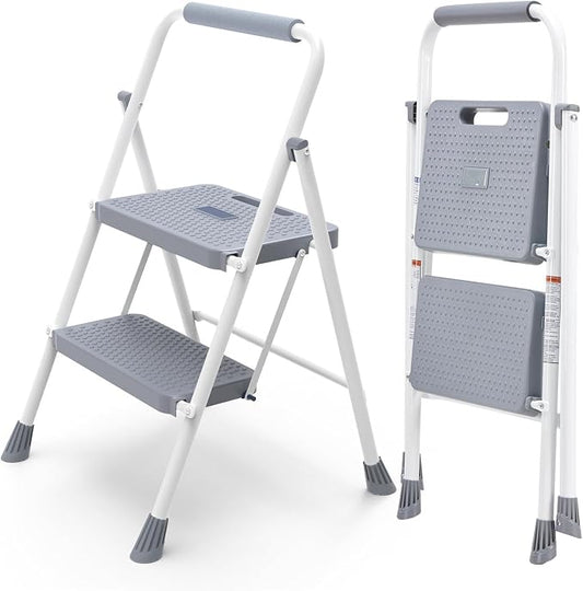 Sweetcrispy 2 Step Ladder, 800lbs Folding Step Stool with Anti-Slip Pedal | Lightweight, Portable Stepping Stool with Sturdy Ladder, Convenient Handrail, for Kitchen, Garage & Outdoor Use, Grey