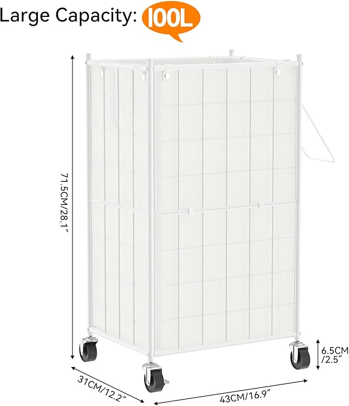 WOWLIVE Rolling Laundry Basket, Metal Wire Frame Laundry Hamper with Wheels | Hamper with Removable Bag, 100L Dirty Clothes Hamper Organizer Dorm Room Storage for Bedroom, Bathroom, White