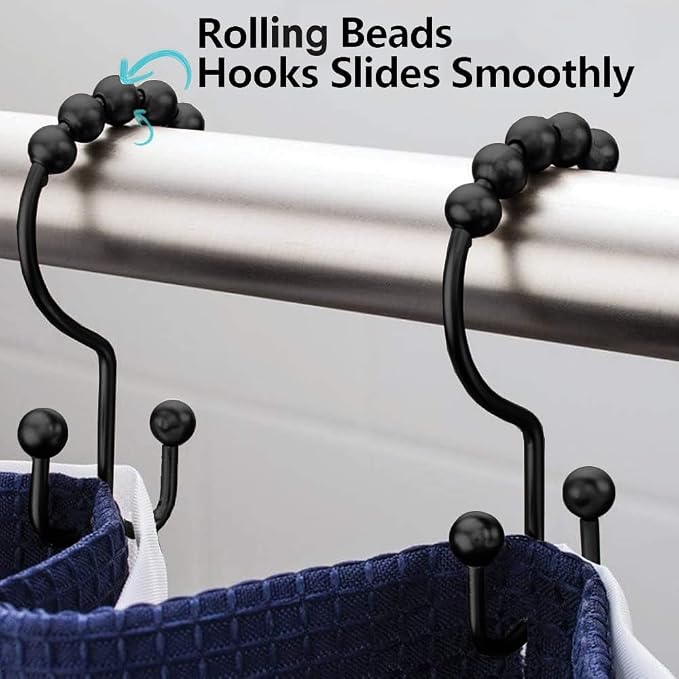DAWNER Shower Curtain Hooks Rings, Rust Proof Hooks, Metal Easy Glide Double Shower Rings Hooks, Stainless Steel Shower Curtain Hangers for Bathroom Shower Curtains, Set of 12 Hooks, Matte Black