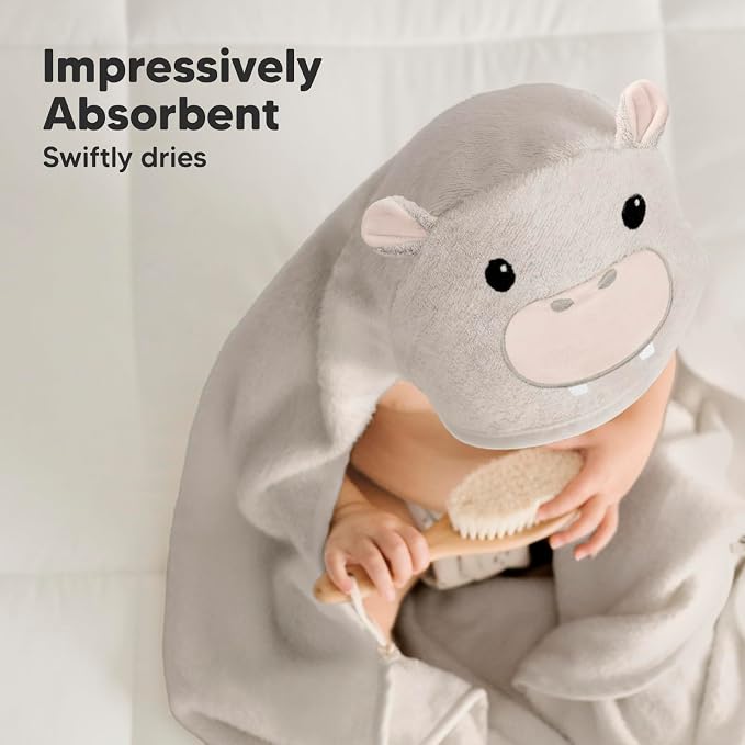 KeaBabies Hooded Baby Towel for Newborn, Baby Bath Towels (Hippo, 35x35) | Viscose Derived from Bamboo, Large Baby Towels with Hood, Boys, Girls, Toddler, Soft Absorbent Baby Bath Essentials