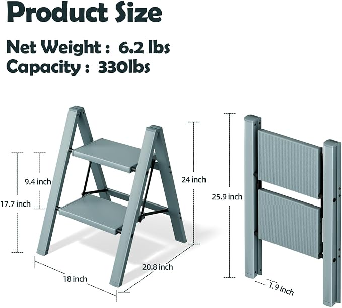 Taranta 2 Step Stool Foldable,Aluminum Step Ladder-Serene Blue | Lightweight,Wide Anti-Slip Pedals,Folding Step Stool,330lbs Capacity Stepladder for Household,Kitchen,Office
