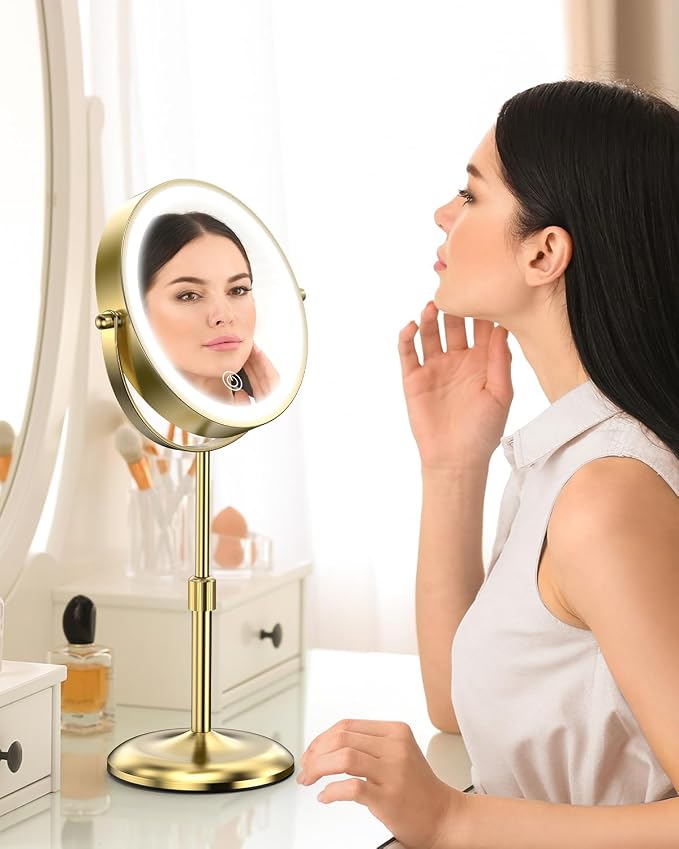7" Lighted Makeup Mirror with 3 Color Lights & 10X Magnification, Adjustable Brightness & Height, 360° Swivel Rechargeable 10X LED Magnifying Vanity Mirror with Light, Gold