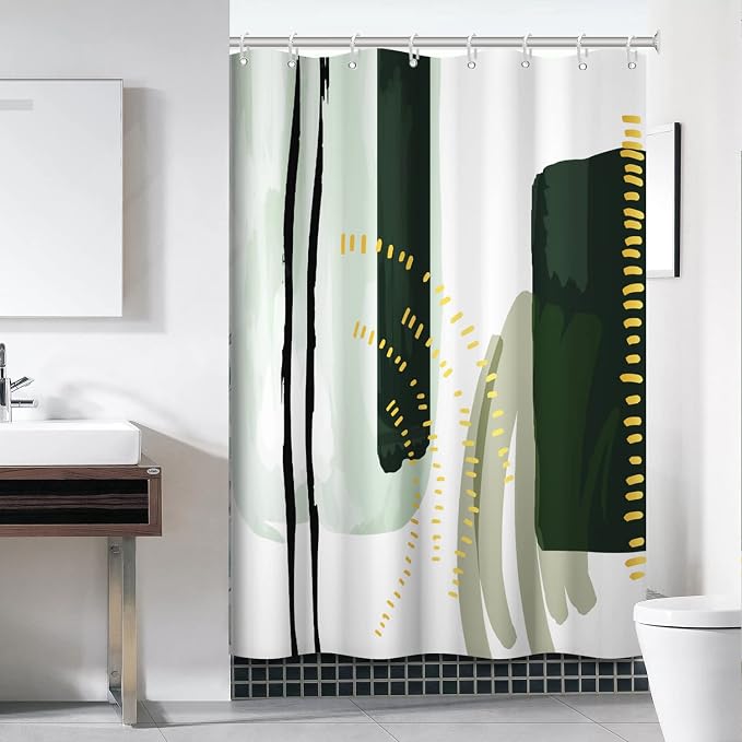 Mid Century Green Shower Curtain for Bathroom 60x72 Inch | Waterproof Abstract Minimalist Emerald-green Shower Curtain Set with Hooks, Boho Bathroom Decor