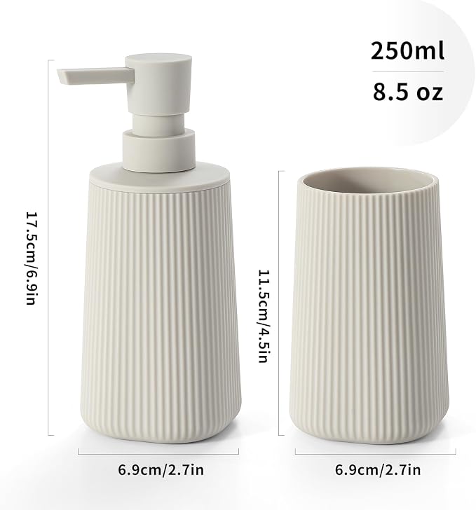 YAUKPH Bathroom Soap Dispenser and Toothbrush Holder Striped Beige | Bathroom Accessories Set 2 Piece for Bathroom Countertop Storage and Decor