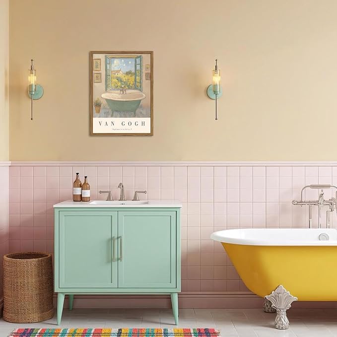 Vintage Van Gogh Bathroom Wall Art Cute Impressionist Bathtub Wall Decor Picture Rustic Farmhouse Bathroom Canvas Painting Print 24x16 inch Wood Framed