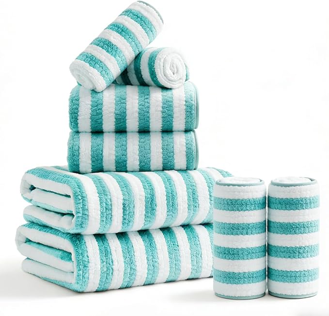 8 Pcs Turquoise Large Cabana Stripe Bath Towel Set Oversized Jumbo Towels | 2 Extra Large Bath Sheets,2 Hand Towels,4 Washcloths for Bathroom Soft Highly Absorbent Towels for Beach Chair Hotel
