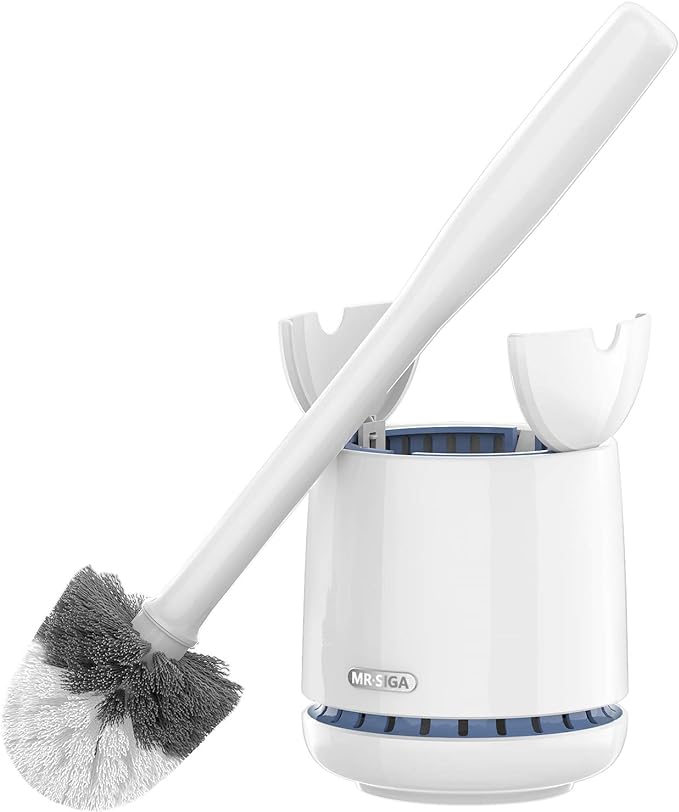 MR.SIGA Toilet Bowl Brush and Holder, Sturdy Long Handle, White, 1 Pack | Automatic lid design, upgraded ventilation, replaceable toilet brush head dries quickly