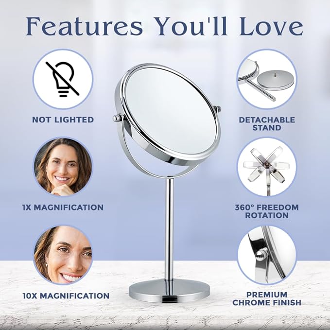 Double Sided 10X/1X Magnifying Mirror, 7" x 14" (Chrome) | Makeup Mirror on Round Stand for Table, Bedroom Vanity Desk & Bathroom Counter - Free Standing Vanity Mirror for Beauty Care