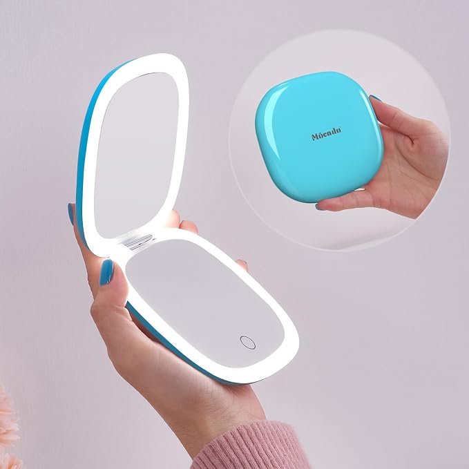 Mocado Compact Mirror with Light-4 Inches Compact 1x/10x Magnifying Mirror | Double Sides Lighted, 3 Colors Lighting, 0-100% Brightness, Diammable Touch, 1200mAh Rechargeable, For Pocket, Purse