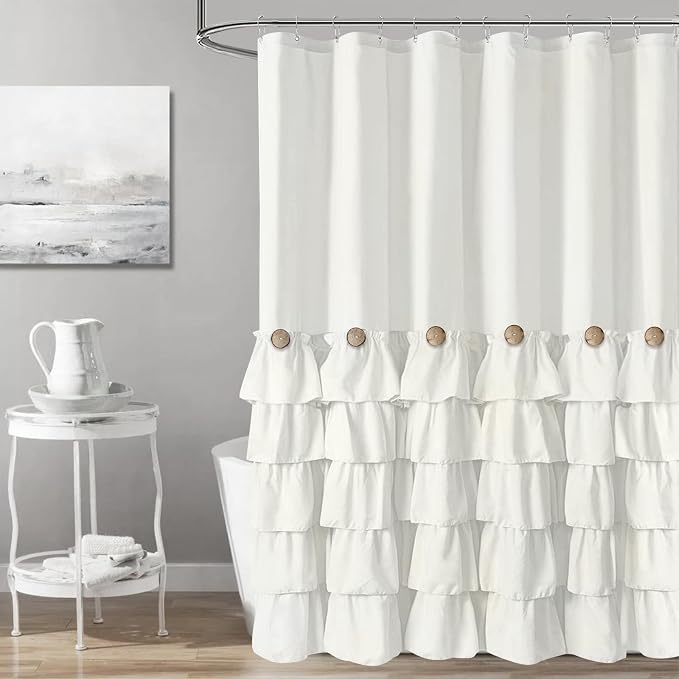 Seasonwood Ivory Ruffle Shower Curtain Farmhouse Shower Curtain 72 X 72 | Natural button accents, layered fabric tiers, shabby chic and French country styling for decorative bathroom updates