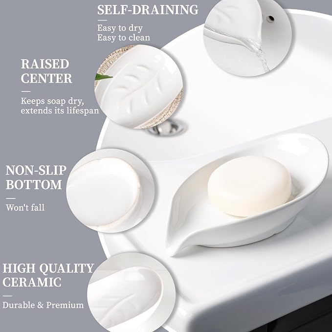 Soap Holder, Self-Draining Soap Dish, White Leaf Shape Ceramic Bar Soap Holder Drain Soap Dishes for Bathroom Sink Kitchen, Easy to Clean Keeps Soap Dry, ANTIS'S HOME