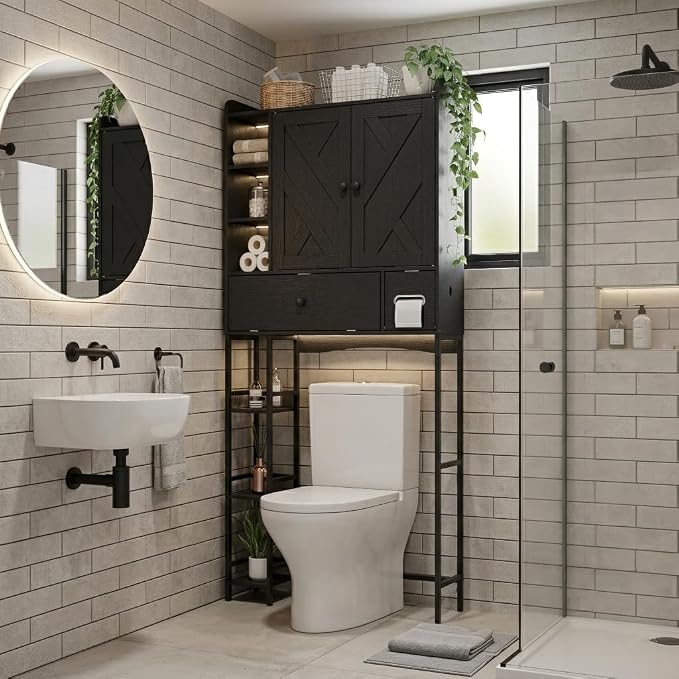 Garvee Over-The-Toilet Storage Rack, Modern Bathroom Organizer | MDF Shelves & Steel Frame, Space-Saving Toilet Shelf for Small Bathrooms, Bathroom Cabinet for Towels & Toiletries, Black