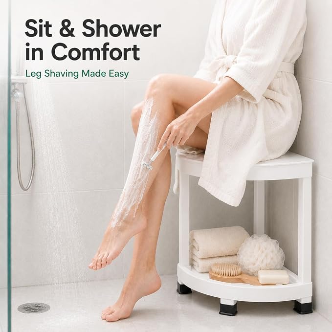 CROWNFURN Shower Foot Rest, HIPS Waterproof Shower Stool for Inside Shower, Corner Shower Bench for Shaving Legs with Baffle Storage Shelf for Small Space, Rapid Assembly DIY Combination Shelf (White)