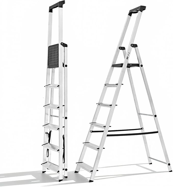 Sweetcrispy 6 Step Ladder, Folding Aluminum Step Stool, 330lbs | Stepping Stool with Anti-Slip Wide Pedal, Tool Tray, Aluminum Ladders, Safety Household Ladder for Home Kitchen Outdoor