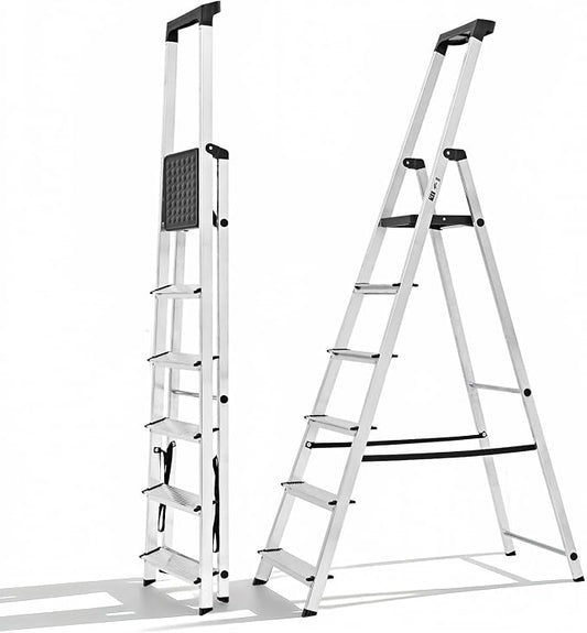 Sweetcrispy 6 Step Ladder, Folding Aluminum Step Stool, 330lbs | Stepping Stool with Anti-Slip Wide Pedal, Tool Tray, Aluminum Ladders, Safety Household Ladder for Home Kitchen Outdoor