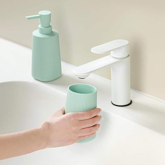 YAUKPH Bathroom Soap Dispenser and Toothbrush Holder Striped Green | Bathroom Accessories Set 2 Piece for Bathroom Countertop Storage and Decor