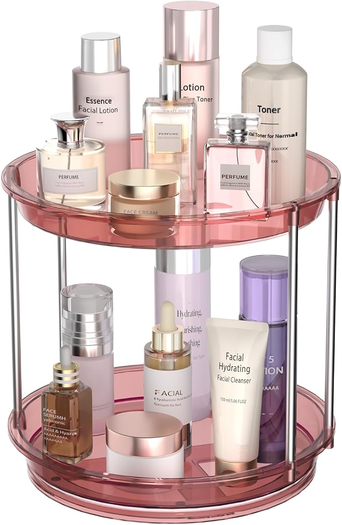 Rotating Makeup Organizer, Perfume Skincare Holder, 2 Tier 9 Inch, Pink | 360° Smooth Spinning Vanity Tray, Large Capacity, Space-Saving Cosmetics Storage for Bathroom Countertop, Dresser