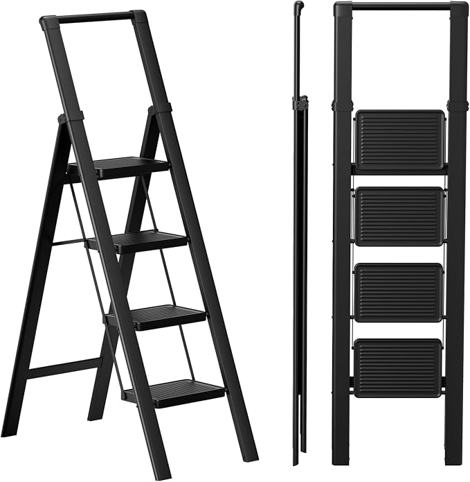4 Step Ladder, Folding Step Stool, Lightweight Stepladder, Black | Reach 8ft;Anti-Slip 7.9'' Wide Pedal;Portable Handrail;Space-Saving;For Kitchen, Home, Library, Office Use;300lbs Capacity