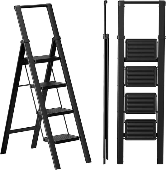 4 Step Ladder, Folding Step Stool, Lightweight Stepladder, Black | Reach 8ft;Anti-Slip 7.9'' Wide Pedal;Portable Handrail;Space-Saving;For Kitchen, Home, Library, Office Use;300lbs Capacity