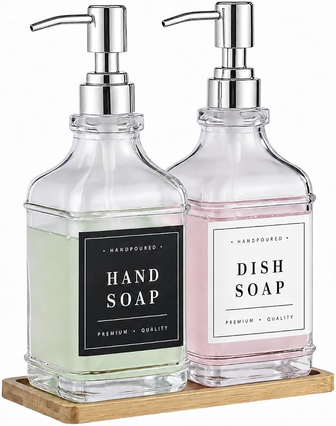 Kitchen Glass Soap Dispenser Set with Tray 2 with Silver Rust Proof Pump | 16.9oz Refillable Soap Dispenser for Hand, Dish with Waterproof Labels Residue Free, Luxury Decor for Bathroom Vanity, Clear