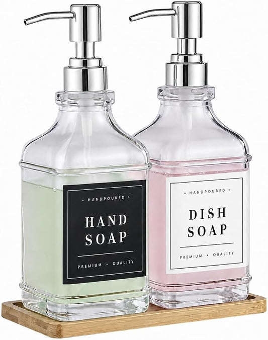 Kitchen Glass Soap Dispenser Set with Tray 2 with Silver Rust Proof Pump | 16.9oz Refillable Soap Dispenser for Hand, Dish with Waterproof Labels Residue Free, Luxury Decor for Bathroom Vanity, Clear