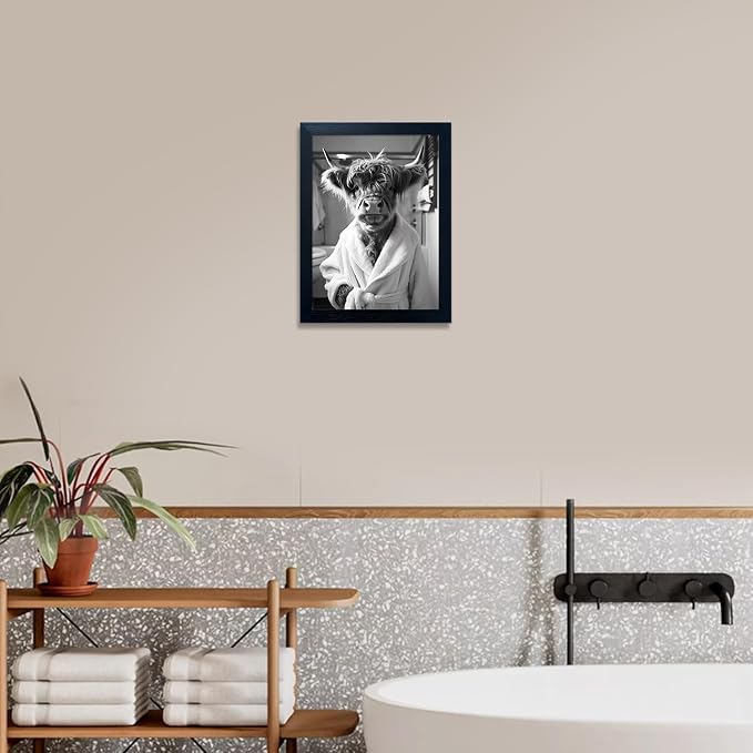 Framed Highland Cow Brushing Teeth Wall Art, Black and White Bathroom Wall Decor, Funny Cow Pictures Guest Bathroom Decor