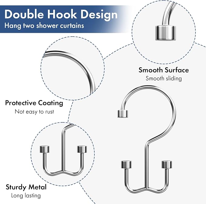 Bathway Shower Curtain Hooks Chrome Shower Curtain Rings, 12 Pcs Metal Double Hooks Rings Rust Proof for Bathroom Shower Curtain Rod