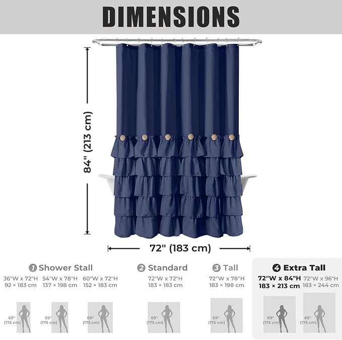 Seasonwood Navy Blue Ruffle Shower Curtain Farmhouse Shower Curtain 72 X 84 | Natural button accents, layered fabric tiers, shabby chic and French country styling for decorative bathroom updates