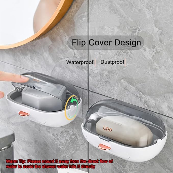 1Pc Shower Soap Dish Holder with Lid, Bar Soap Container with Drain | Wall Mounted Soap Box Container for Shower, Bathroom, Bathtub, Kitchen Sink, Adhesive Included