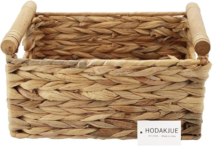 Storage Basket made by Water Hyacinth with Wood Handles, Arts and Crafts. (Medium)