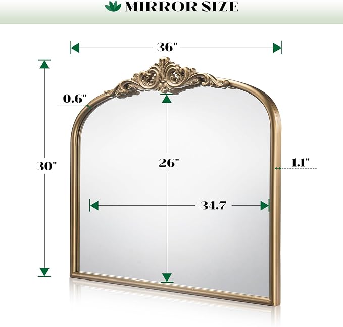 Antique Gold Mirror, 36"x30" Ornate Wide Arched Mirror | Vintage Gold Mirror, Large Mantle Mirrors for Bathroom over Sink, Fireplace, Living Room, Entryway, Hanging or Leaning