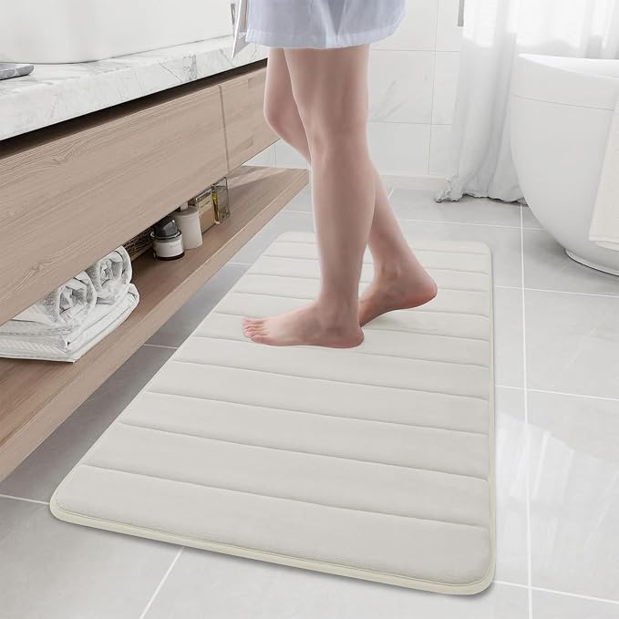 Buganda Memory Foam Bath Mat 44 x 20, Ultra Soft Absorbent Bathroom Rugs | Cream, Machine Washable Quick Dry Bath Mats for Bathroom Floor, Shower and Tub, Home Decor Accessories