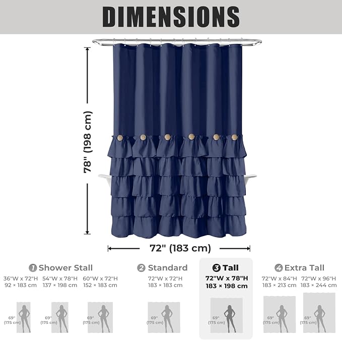 Seasonwood Navy Blue Ruffle Shower Curtain Farmhouse Shower Curtain 72 X 78 | Natural button accents, layered fabric tiers, shabby chic and French country styling for decorative bathroom updates