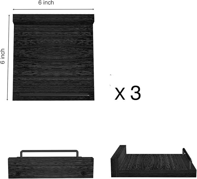RYOFOBETTO Small Floating Shelf, 6 X 6 Inches Farmhouse Wall Shelves for Living Room, Bedroom, Picture Frames, Plants, Kitchen, Set of 3 (Black)