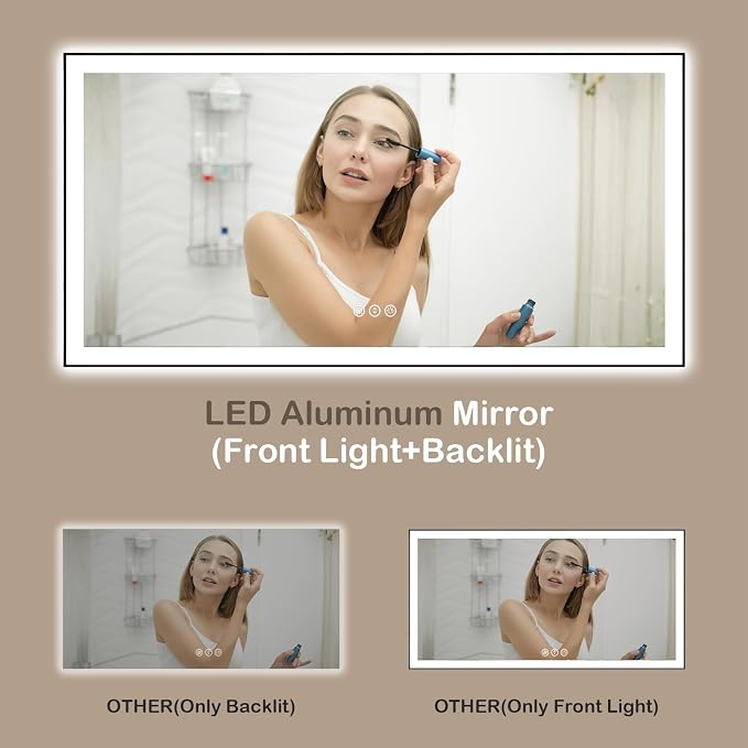 84x40 Inch LED Bathroom Mirror with Black Frame | Black Metal Frame, Front and Backlit, 3 Colors, Dimmable, Memory, Anti Fog, Tempered Glass, Lighted Mirror for Wall