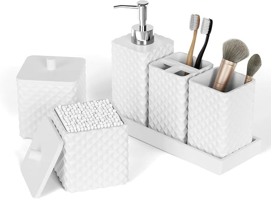 Bathroom Accessories Set Resin 6PCS, Square Toothbrush Holders Set Complete with Soap Dispenser, Vanity Tray, Tumbler, Cups and Cotton Swab Jars (White Diamond, Resin Bath 6 PCS)