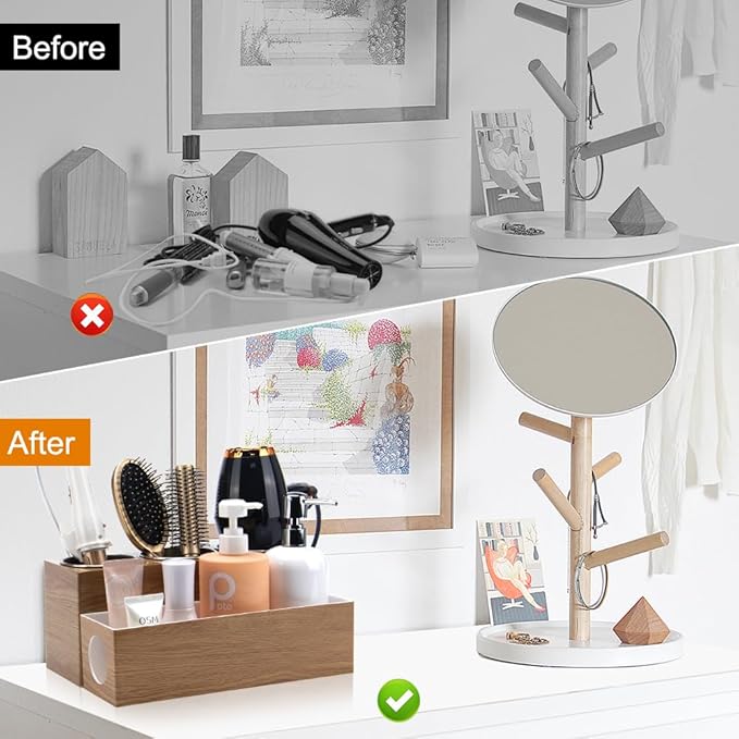 GFWARE Hot Hair Styling Tool Organizer with 3 Stainless Steel Cups, Wood | Hair Accessories Bathroom Vanity Storage, Hair Dryer, Blow Dryer, Curling Iron, Flat Iron, Hot Tools Cooling, Wood-Look