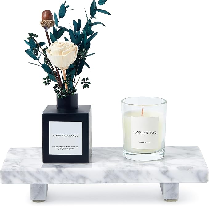 Natural Marble Tray Pedestal Stand, Stone Riser for Bathroom, Kitchen Sink | Stone pedestal riser, unique veining. Hand-polished, waterproof. Soap & vanity display. Perfume & candle catchall. Non-slip.