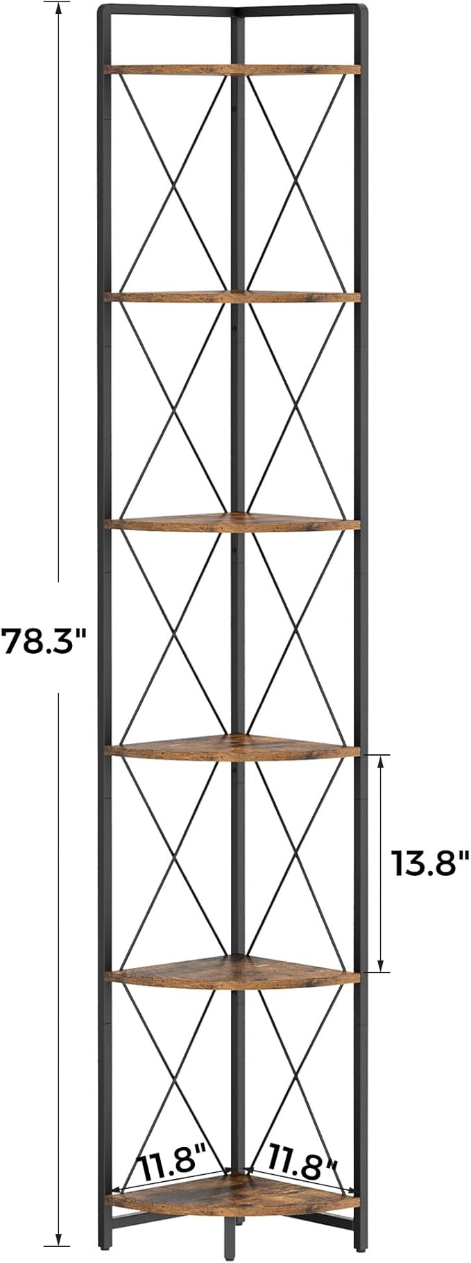 6 Tier Corner Shelf Stand, 78" H Tall Corner Bookshelf, Rustic Brown | Industrial Metal Corner Shelf for Living Room Decor, Plant Stand Display Shelf for Bedroom, Bathroom, Small Spaces